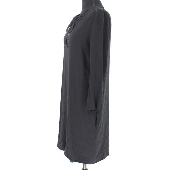 Sandro Paris Black Crepe Lace Trim Shoulders Neckline Tie Shift Mini Dress 2 - Picture 4 of 8